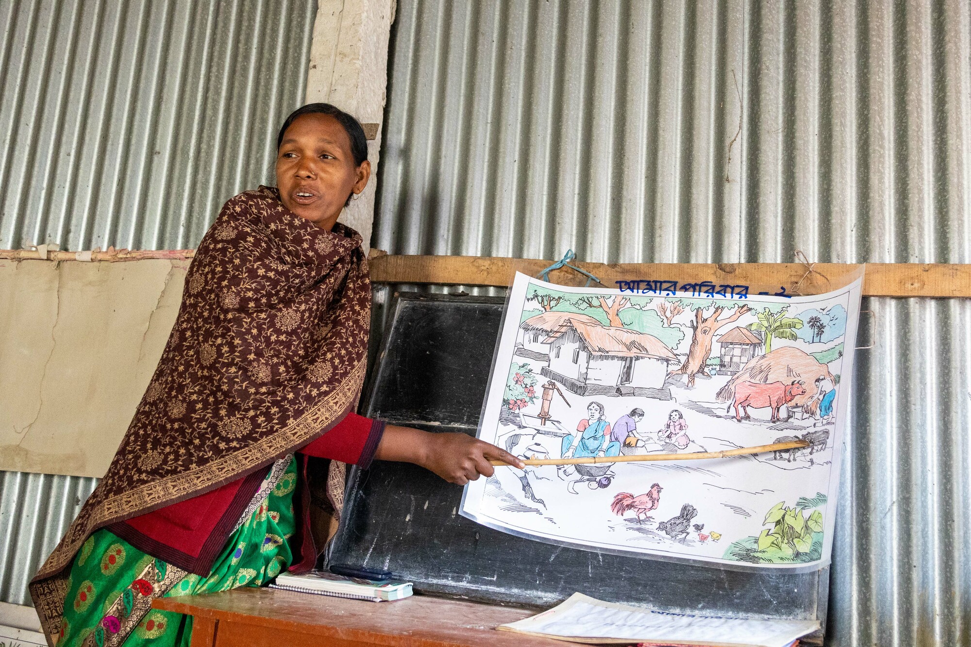 A woman pointing at a picture